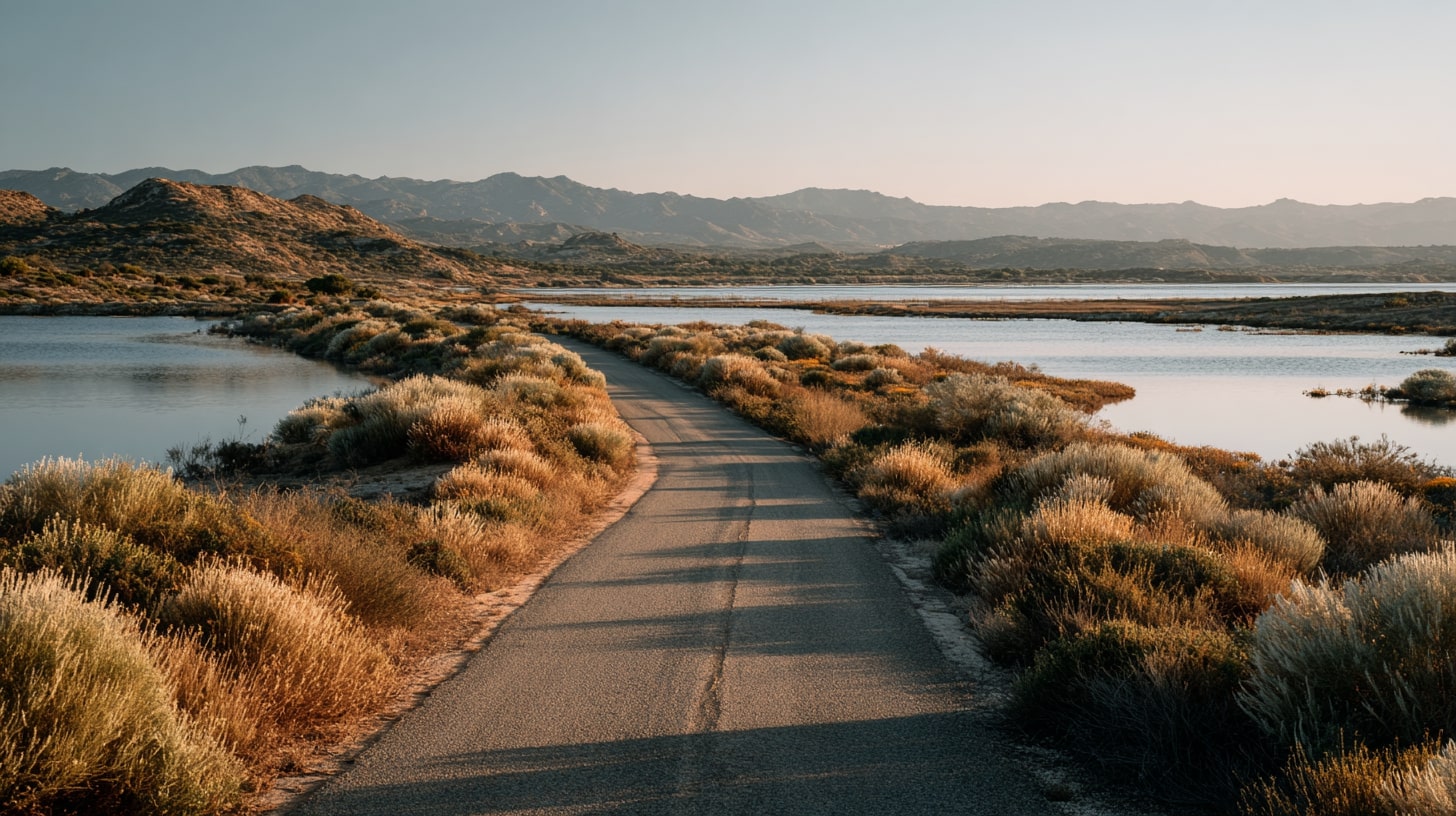 Route traversant un paysage naturel de Saint-Martin entre étangs salés et collines sèches.