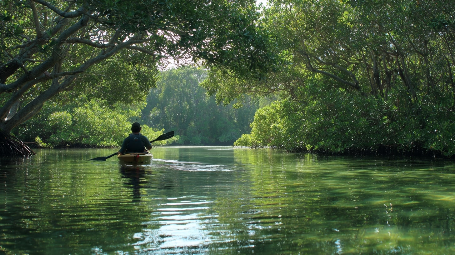 Personne en kayak sur un lagon calme bordé de mangrove à Saint-Martin.
